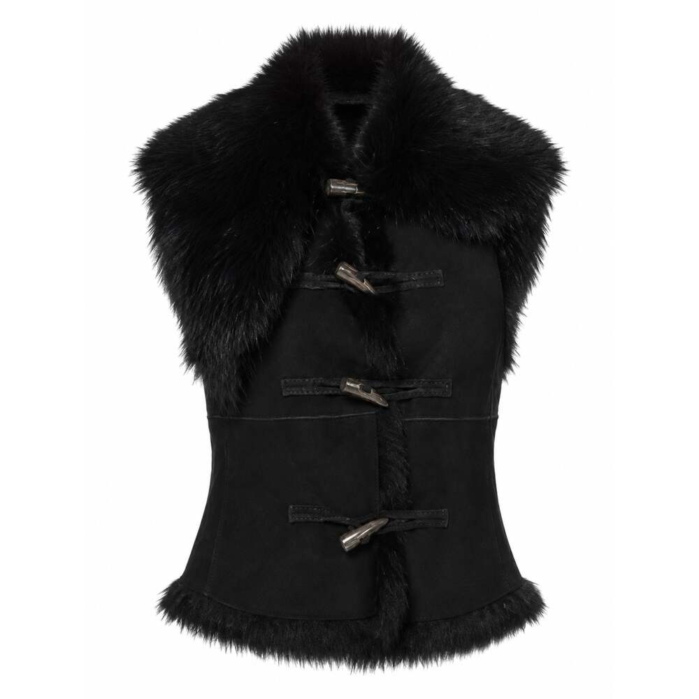 Ralph Lauren Blue Label Black Suede Lamb Fur Toggle Button Vest